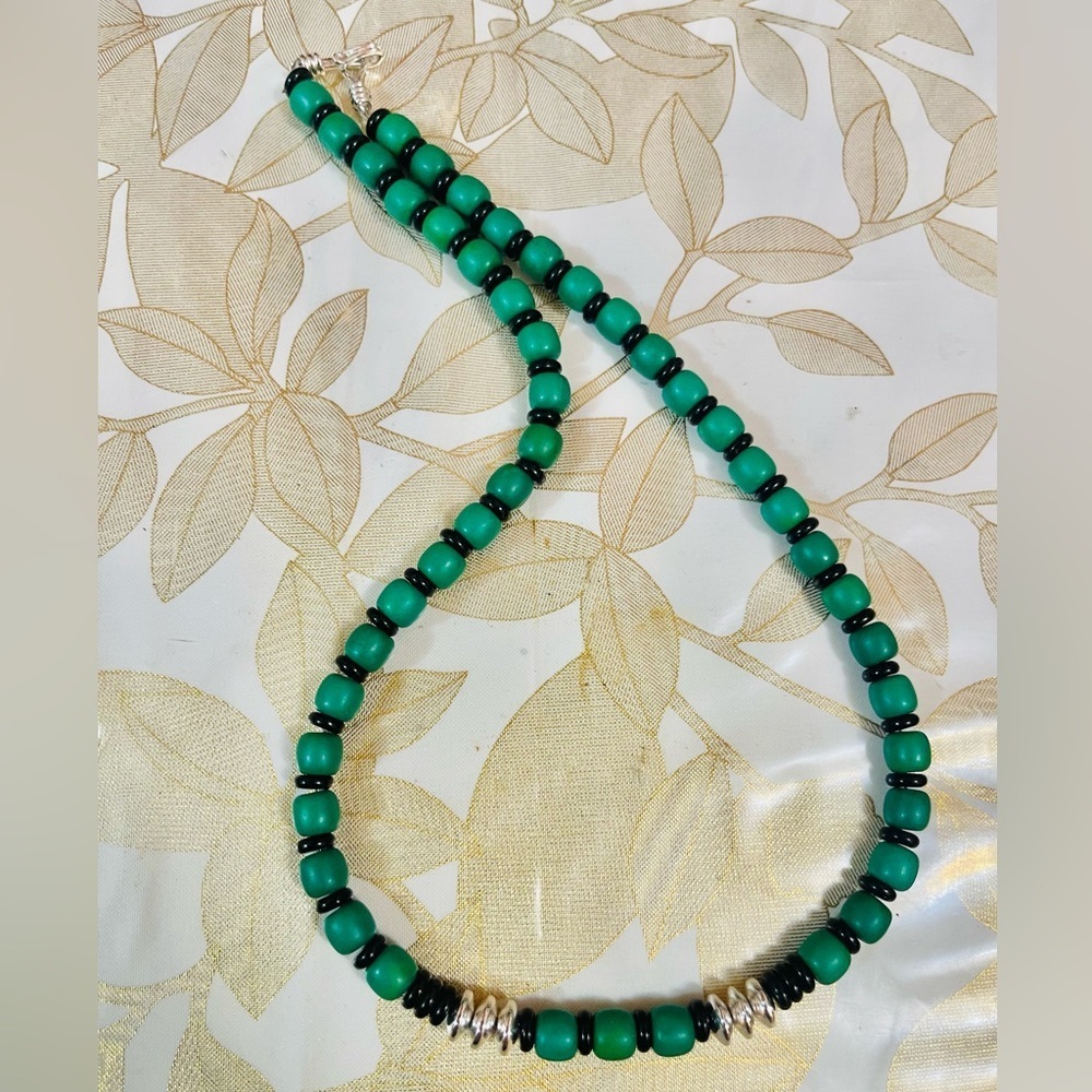 Southwest Green composite Turquoise Onyx Hematite beads Necklace Sterling Clasp